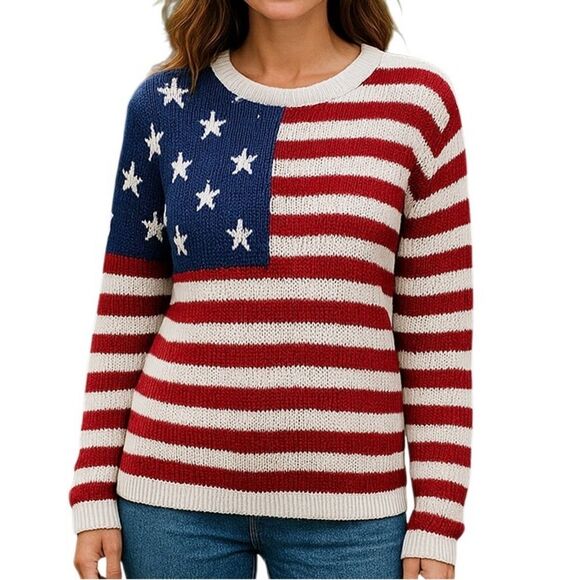 Grayson Threads American Flag Sweater Crew Neck Knit Womens Size XS Oversized - Picture 1 of 7